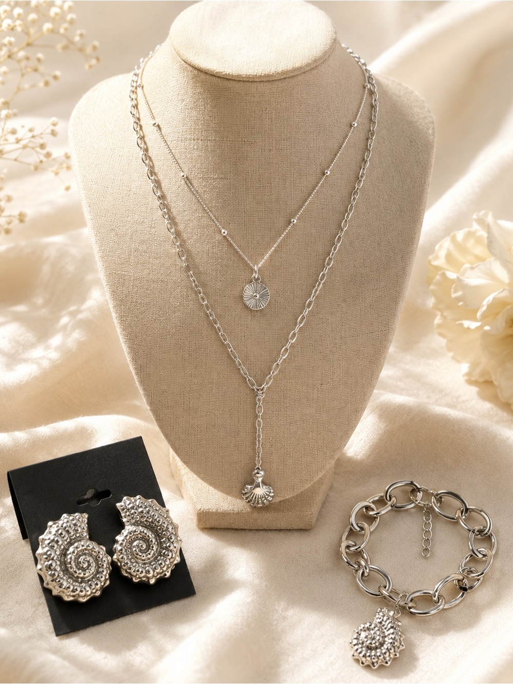 Silver-Tone Layered Necklace, Earrings & Bracelet Set with Shell Charm